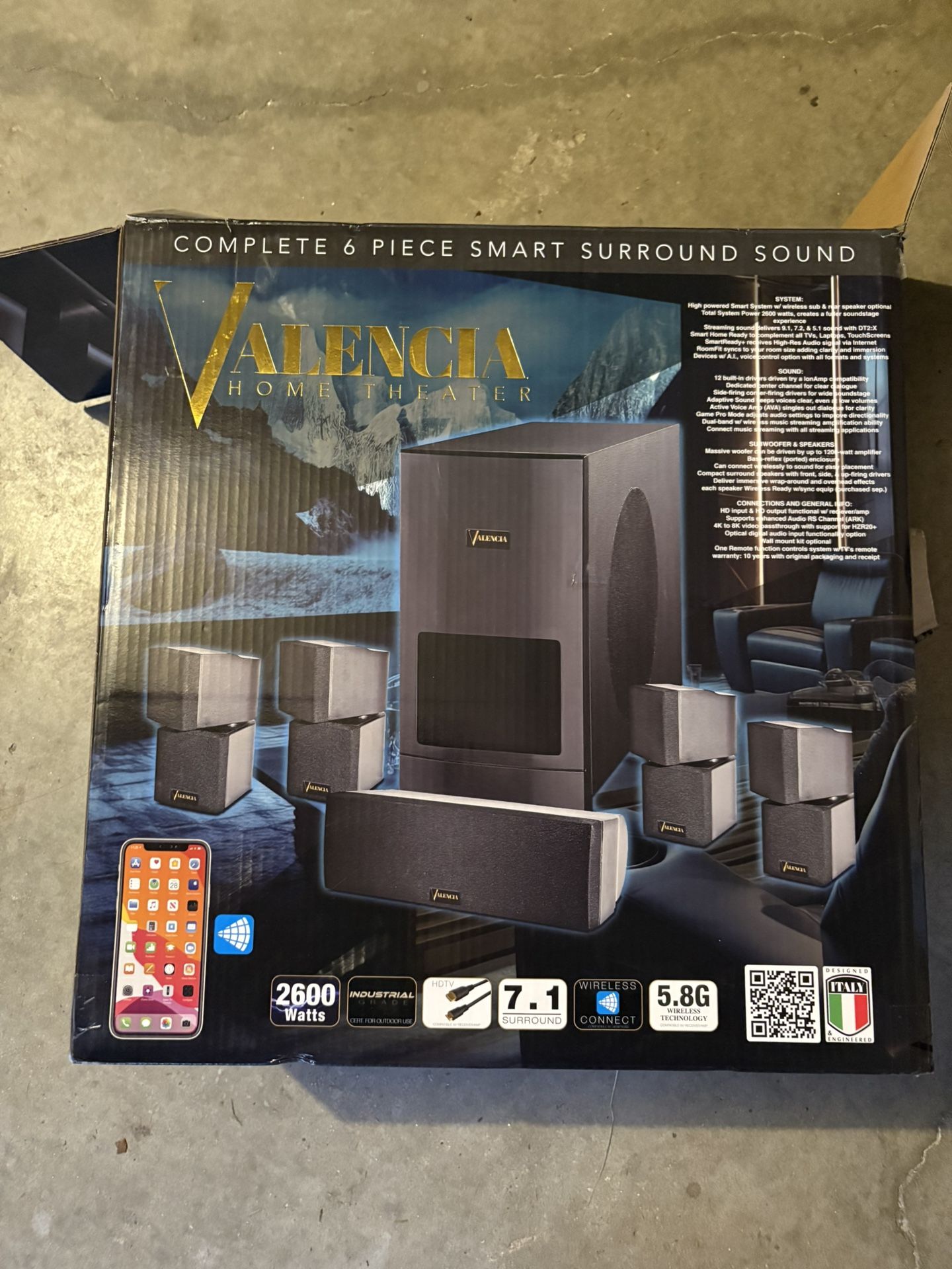 Valencia NewCOMPLETE 6 PIECE SMART SURROUND SOUND ALENCIA HOME THE ATER SYSTEM: High powered Smart System wi w sub & r System Power 2600 watts,
