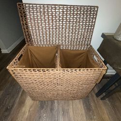 New large double laundry hamper clothes basket woven wicker World market hamper w/ lid size in pictures natural hand woven two sections with machine, 