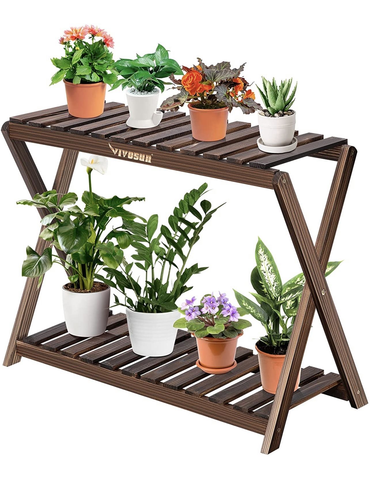 VIVOSUN Plant Stands 2-Tier X-Shaped Plant Shelf, Wood Indoor Plant Rack/Outdoor Flower Plant Holder