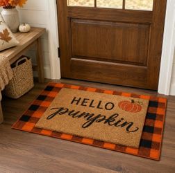 Hello Pumpkin Layered Fall Doormat Set Shed-Free for Front Porch 2-Piece Faux coir & crystal velvet, ideal outdoor fall decor for homeowners, includes