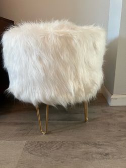 White Faux Fur Ottoman with Gold Hairpin Legs