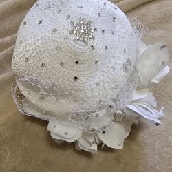 White Church Straw Hat With Rhinestone Detail 