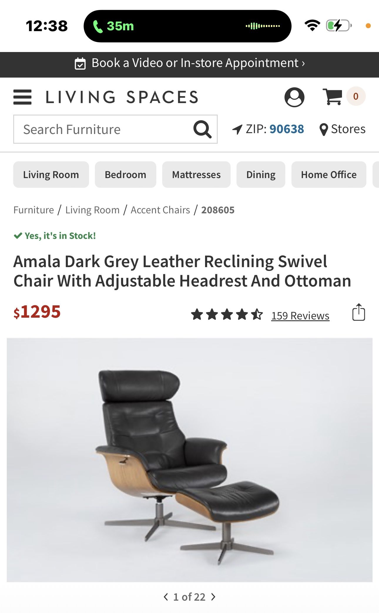 Amala Dark Grey Leather Reclining Swivel Chair With Adjustable Headrest