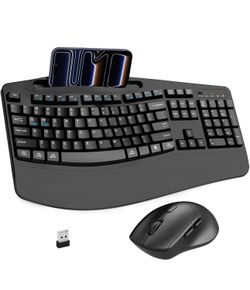 Wireless Keyboard and Mouse Combo, 2.4G Full Size Wave Keys Ergonomic Keyboard with Wrist Rest, Phone Holder, 3-Level DPI Wireless Silent Mouse with 6