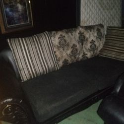 Two Piece Black Leather And Material Couch Set 
