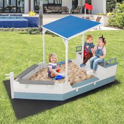 Ship Sandbox with Canopy, Solid Wood Sand Pit, Rudder, Child Sand Box