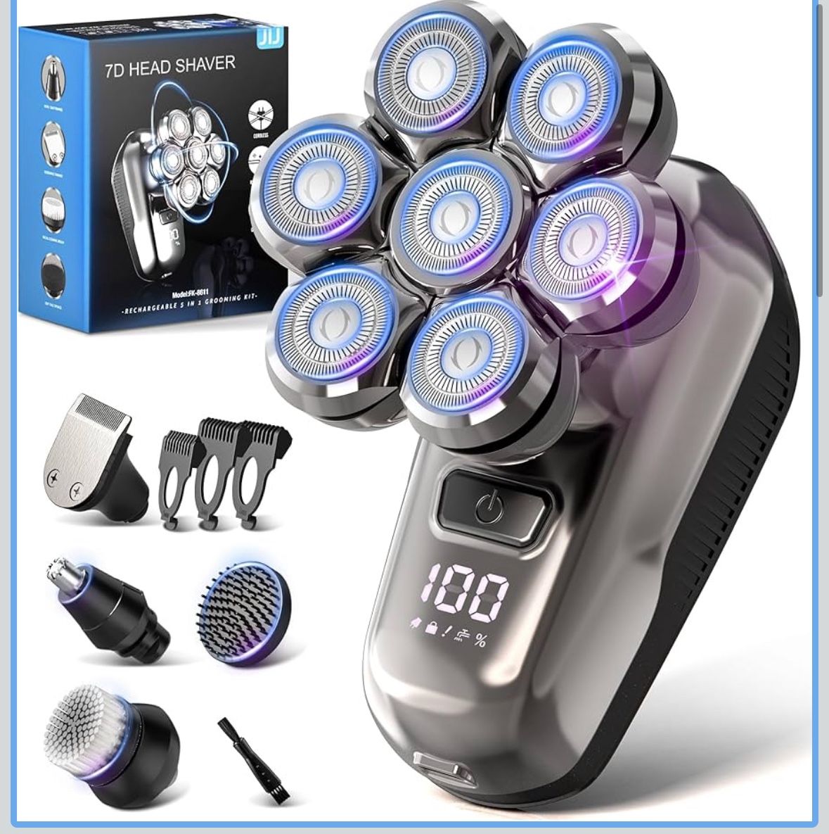 JIJ Head Shavers for Bald Men - 5-in-1 Electric Head Shaver Grooming Kit, 7D Floating Wet/Dry Electric Razor for Bald Heads with LED Smart Display, Tu