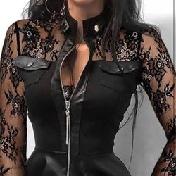 MEDIUM Women's Pu Leather Midi Dress V Neck Long Sleeve Zipper Pocket Slim Fit Dress Fall Winter Outfit