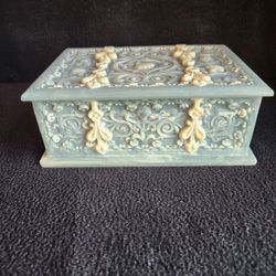 Incolay Stone Hinged Jewelry Box Trinket Scroll Floral Vintage USA Embellished