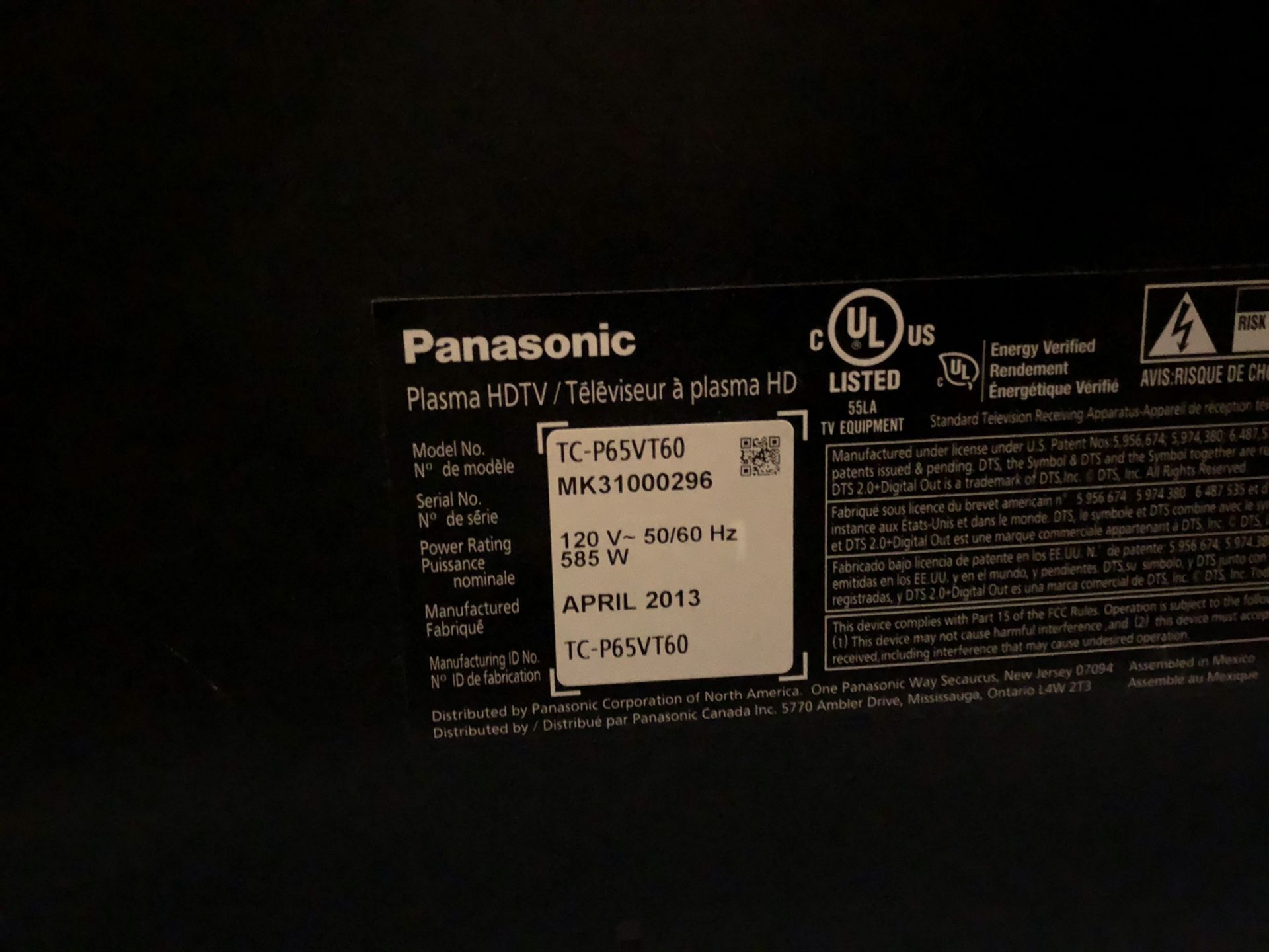 2013 Panasonic plasma TC-P65VT60