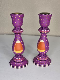 Vintage Halloween Hand Painted Wood Candlestick Holders Purple Candy Corn Set 2