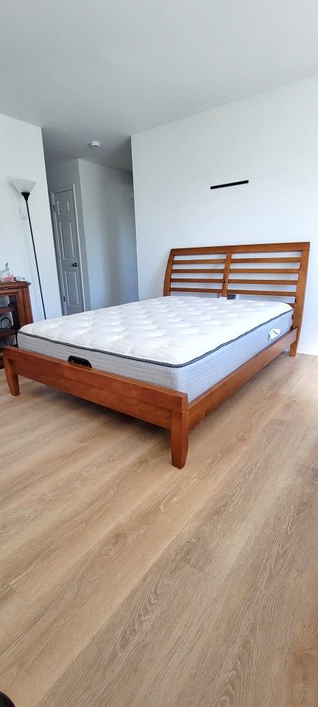 Newer Queen Honey Sleigh Bed Frame with Simmons Beautyrest Mattress Set