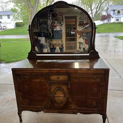 Solid Walnut Hundred-Year-Old Antique Bureau Five Drawers With Mirror