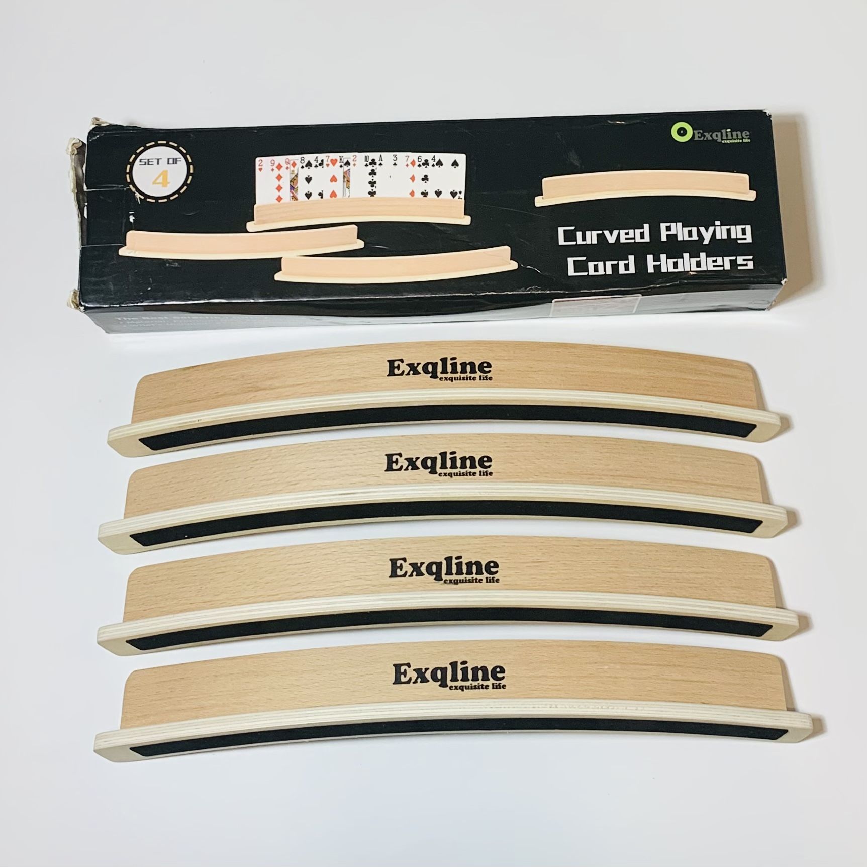 Set of 4 Exqline Pinewood Curved Playing Card Holders with Stand Wood Rack Tray NEW