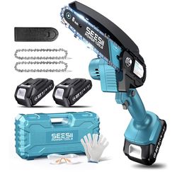 Seesii Mini Chainsaw, 6-inch Mini Chainsaw Cordless, Handheld Electric Power Chain Saw with 2 Batteries, for Tree Trimming Wood Cutting, Best Gifts fo