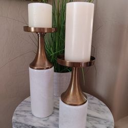 $75 Pair Uttermost Castiel Steel and Marble Candle Holders Antique Brass. Candles NOT Included 