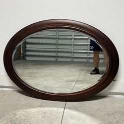 Large Oval Wood Framed Wall Mirror 36.5” x 50” Beveled Glass Merlot Finish
