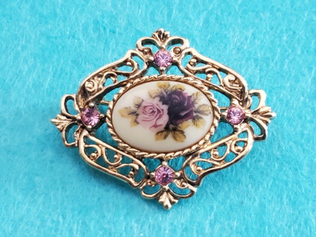 Vintage 1980's Gold Tone Metal Brooch With Painted Porcelain Roses Cabochon