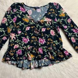 American Eagle Floral Boho Peplum Tie Blouse