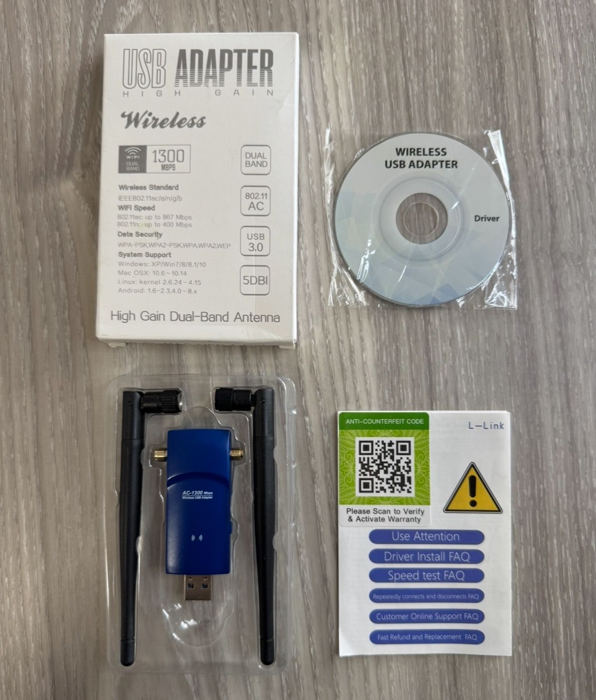 Wireless USB Adapter 1300Mbps for PC, Dual Band 2.4 & 5.8 GHz.