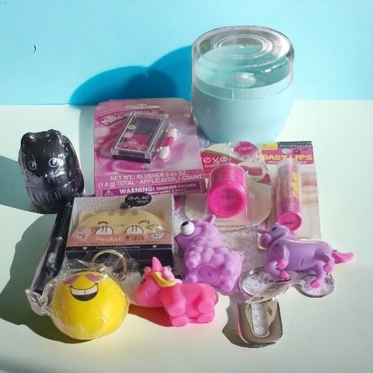 Girl Lot Pocket Mirror, 5 keychains, Cat Hand Cream Rose, Cat Lip Gloss New, opened, Baby Lips Lip Balm, Strawberry Lip Balm, 2 Makeup Kits, Powder Pu