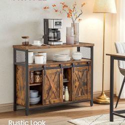 Buffet Cabinet, Coffee Bar Storage Cabinet, Sideboard with 2 Sliding Barn Doors, Adjustable Shelves, 13 x 39.4 x 31.5 Inches, for Living Room, Rustic 