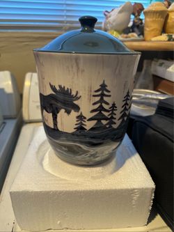 Ceramic Canister with Moose and Pine Tree Design