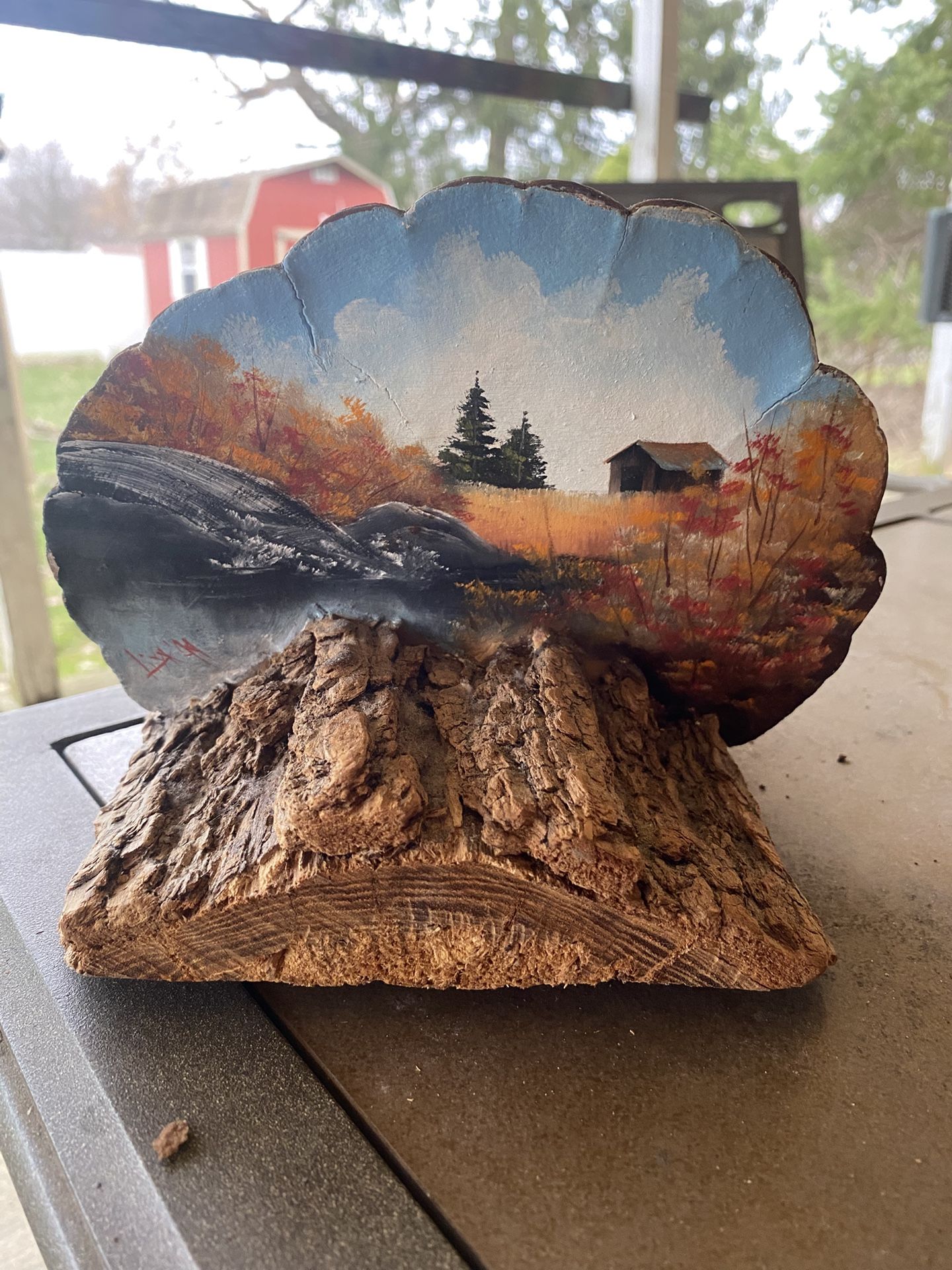 Hand Painted Tree Fungus Shelf Art - Cabin Scene On Bark