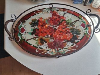 Vintage Joan Baker Stained Glass Metal Serving Platter