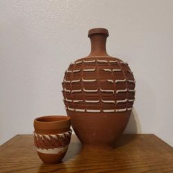 Handmade vintage terracotta jug & cup traditional amphora India Bangladesh vases