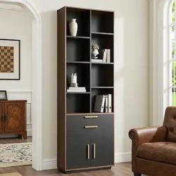 Tall Black Walnut Storage Bookcase – Drawers + Cabinet
