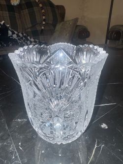 Vintage Bohemian/Soviet-Era Hand-Cut Lead Crystal Vase, Hobstar & Fan Pinwheel Pattern, Brilliant Cut