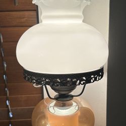 Gorgeous Antique Hurricane Glass Table Lamp W/ Milk Glass Shade & Champagne Glass Bottom & Brass Trim!