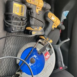 2 Dewalt drills 20v both with batteries and one charger both work perfect but have been used fair skill saw 10amp works perfect just in need of blade 