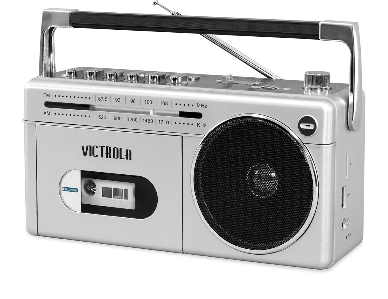 Victrola VBB-25-SLV Mini Bluetooth Boombox with Cassette Player