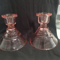 Pink Depression Glass Candle Holders 