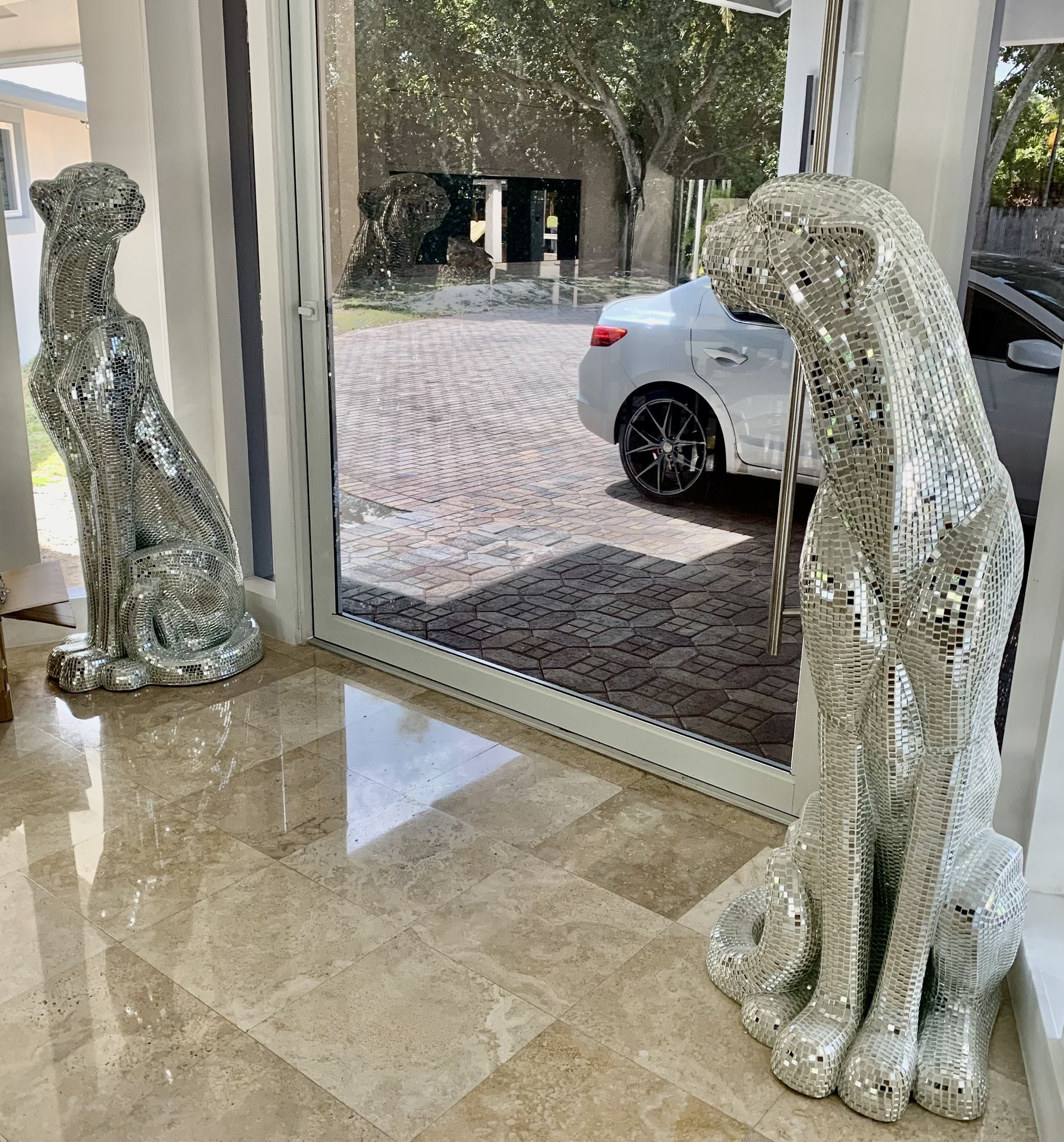 2 Mirrored Mosaic Panther Cheetah Jaguar Statue Modani 