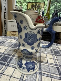 Blue And White Floral Porcelain Pitcher Vase Chinoiserie Decor