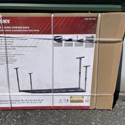 Husky 97.5 in. W x 43.75 in. H x 32 in. D Adjustable Height Metal Heavy-Duty Overhead Garage Storage Rack in Black