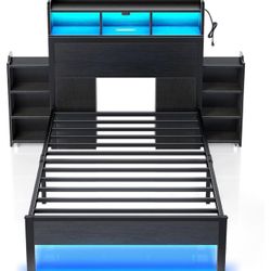  Bed Frame Twin Size with Bookcase Storage Headboard, Slide Out Bedside Storage, Bed with Charging Station & LED Lights, Heavy Duty Metal Slats, No Bo