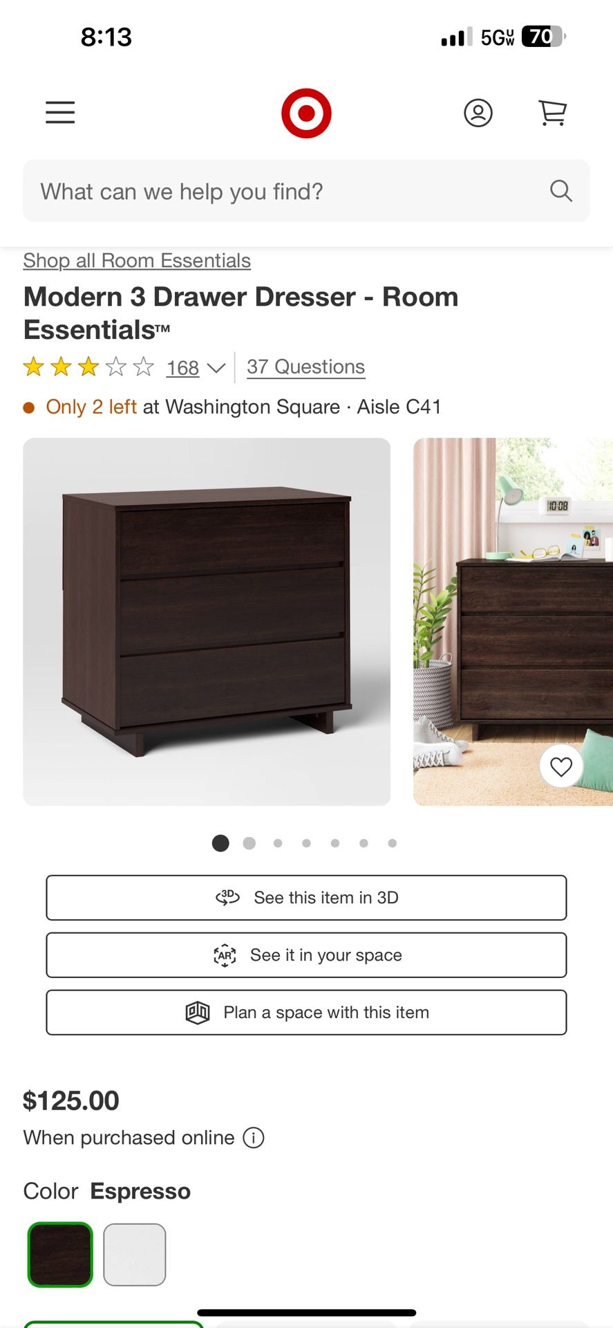 Modern 3 Drawer Dresser in Brown “Expresso” Color - Room Essentials Brand, New in Original Boxes