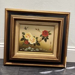 Vintage Asian Original Framed And Signed Floral And Butterfly Oil Painting On Board 