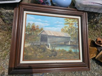 Beautiful Covered Bridge Framed Painting by J. MOORE