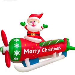9FT Christmas Inflatables Outdoor Decorations Santa Claus on Airplane,Blow up Yard Decorations with LED Light Up

