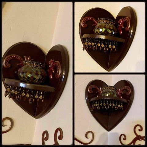 VINTAGE BEADED FRINGE BOHO BOHEMIAN WOODEN HEART ACCENT CORNER SHELF MOSAIC RETIRED PARTYLITE CANDLE HOLDER
