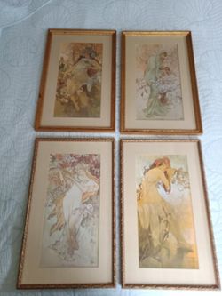 4 custom-framed poster prints ("The Seasons") by Alphonse Mucha