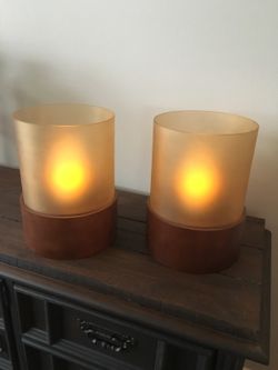 Large wood base glass candle holders 2 separate pieces