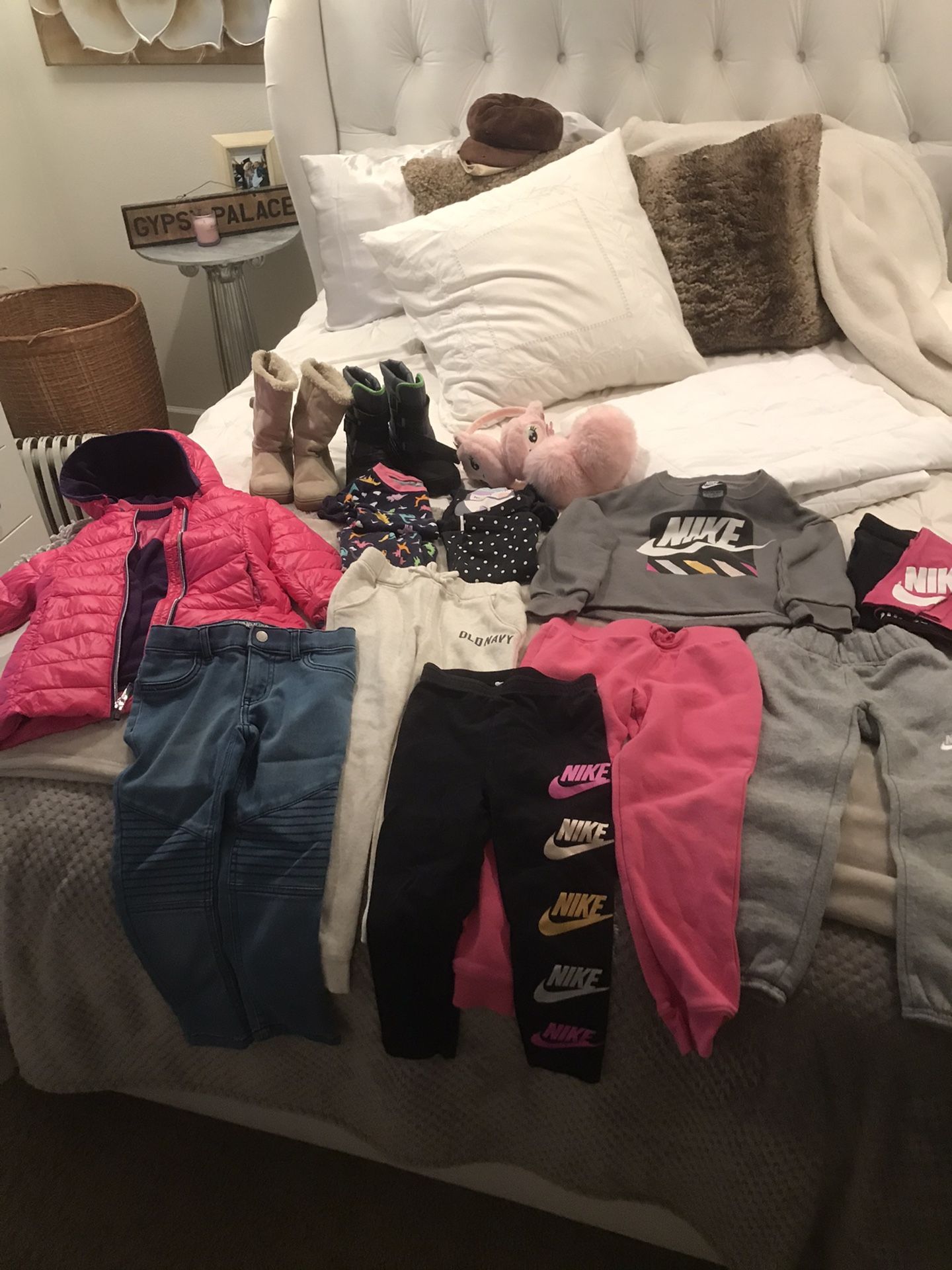 4-5T girls Michael kors jacket , 7 pairs pants , 2 pajama sets, ear warmer and boots