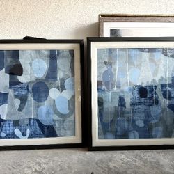 Seta of 2 Large Modern Blue Abstract Framed Art - 30x30 