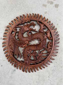 16” Wooden Hand Carved  Wall Hanging Dragon Sculpture Panel Plaque Wood Decor